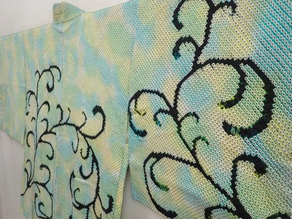Photo2: 6604T01z590 Vintage Japanese Kimono Silk SHIBORI HAORI Apple Green (2)