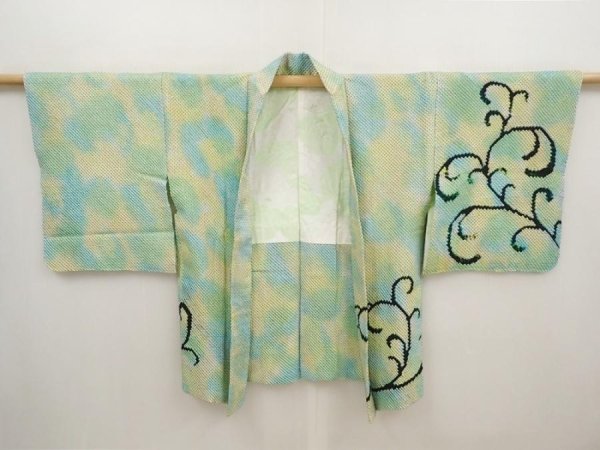 Photo5: 6604T01z590 Vintage Japanese Kimono Silk SHIBORI HAORI Apple Green (5)
