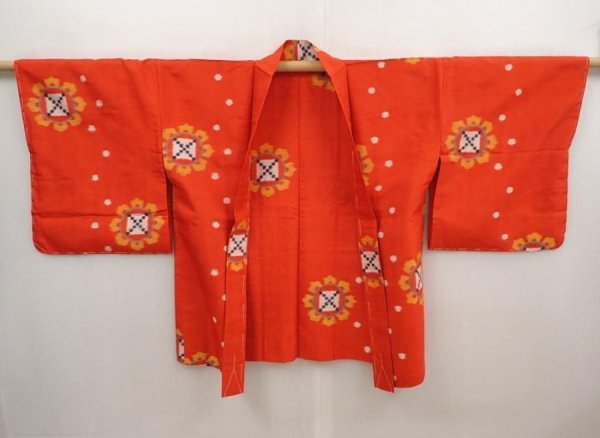 Photo6: 6604T02z330 Vintage Japanese Kimono Silk MEISEN HAORI  Tomato red (6)