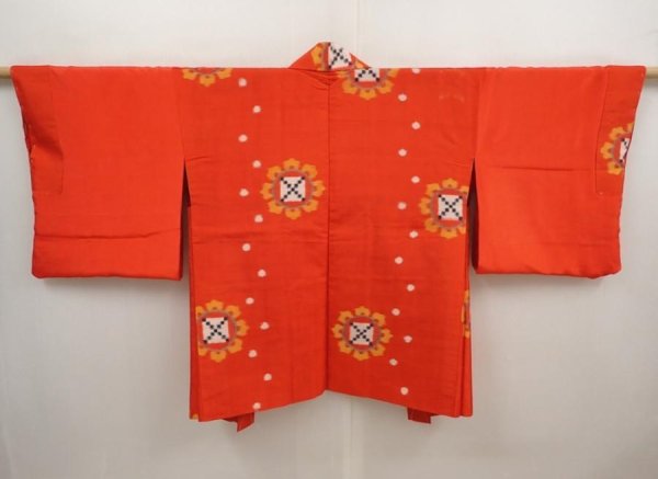 Photo8: 6604T02z330 Vintage Japanese Kimono Silk MEISEN HAORI  Tomato red (8)