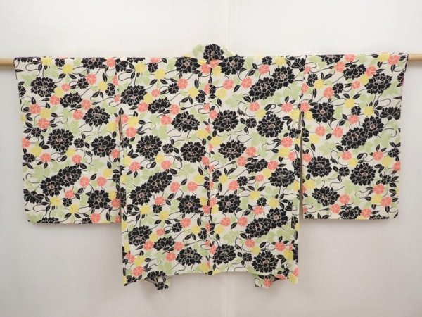 Photo1: 6604T10z620 Vintage Japanese Kimono Silk HAORI Flowers Off-white (1)