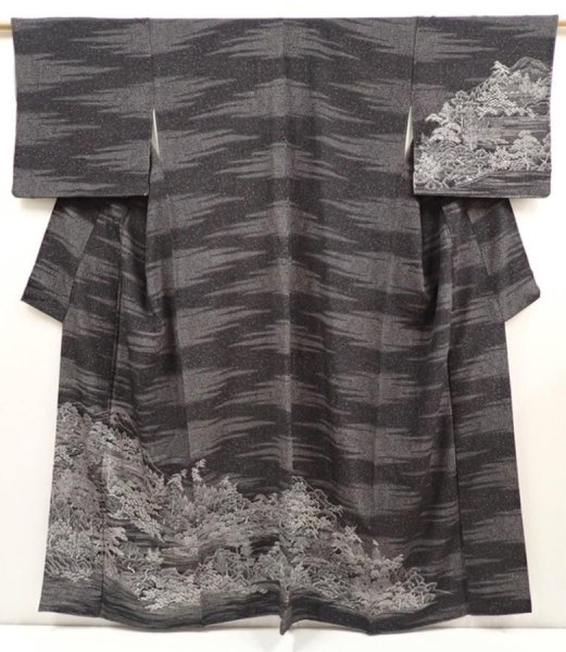 Photo1: 6604T11z1050  Japanese Kimono Silk TSUKESAGE Temple Black (1)