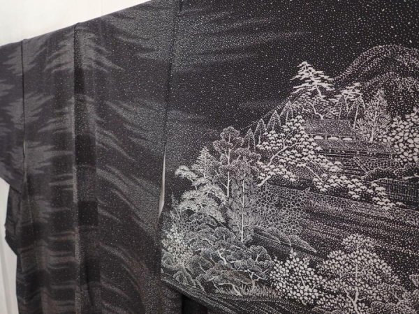 Photo2: 6604T11z1050  Japanese Kimono Silk TSUKESAGE Temple Black (2)