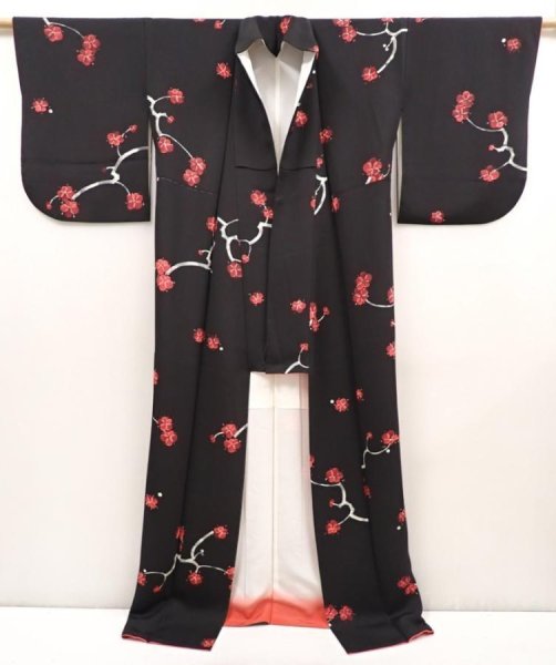 Photo8: 6604T12z1120  Japanese Kimono Silk KOMON Plum blossom Black (8)