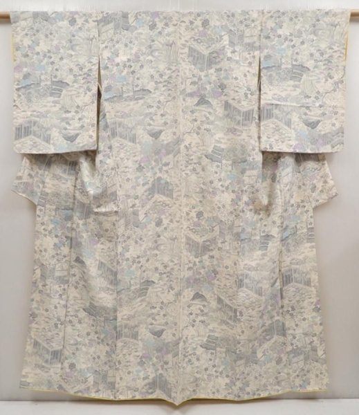 Photo1: 6604T14z980  Japanese Kimono Silk KOMON Garden Off-white (1)