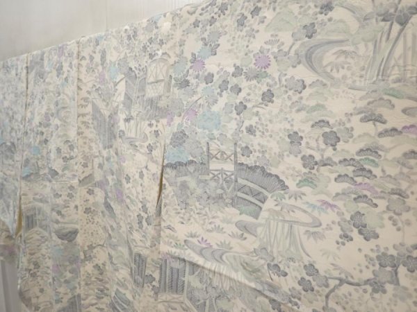 Photo2: 6604T14z980  Japanese Kimono Silk KOMON Garden Off-white (2)