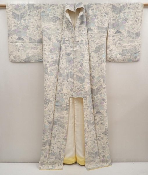Photo8: 6604T14z980  Japanese Kimono Silk KOMON Garden Off-white (8)