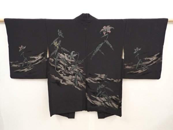 Photo1: 6605T01z500 Vintage Japanese Kimono Silk HAORI Flower Black (1)