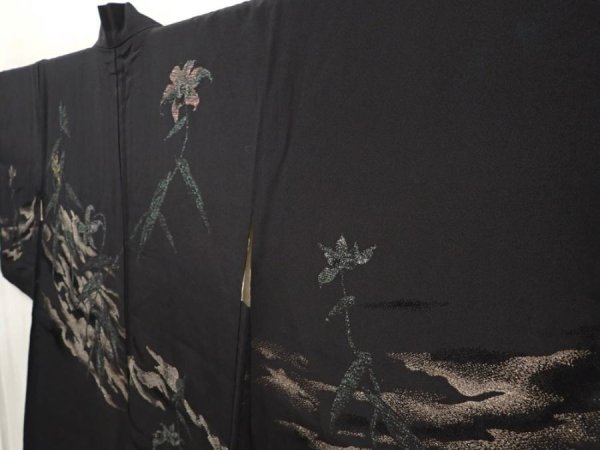 Photo2: 6605T01z500 Vintage Japanese Kimono Silk HAORI Flower Black (2)