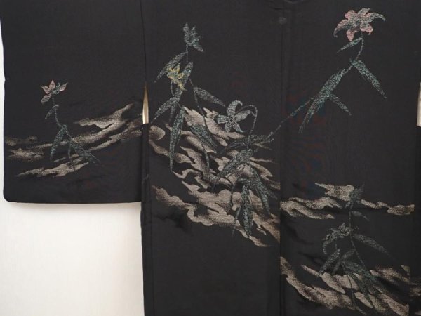 Photo3: 6605T01z500 Vintage Japanese Kimono Silk HAORI Flower Black (3)