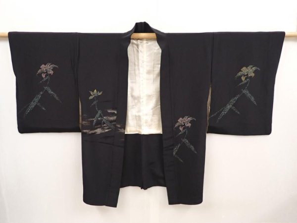 Photo7: 6605T01z500 Vintage Japanese Kimono Silk HAORI Flower Black (7)