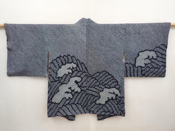 Photo1: 6605T02z410 Vintage Japanese Kimono Silk SHIBORI HAORI Wave Dark navy (1)