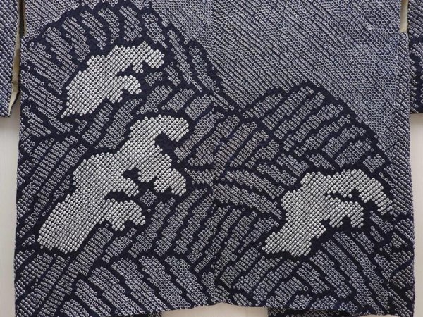 Photo3: 6605T02z410 Vintage Japanese Kimono Silk SHIBORI HAORI Wave Dark navy (3)