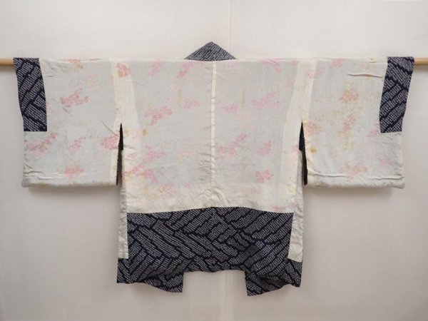 Photo7: 6605T02z410 Vintage Japanese Kimono Silk SHIBORI HAORI Wave Dark navy (7)