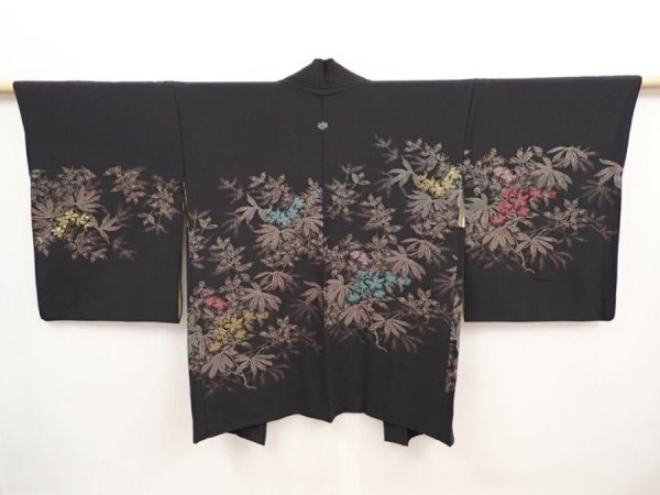 Photo1: 6605T03z570 Vintage Japanese Kimono Silk HAORI Flower Black (1)