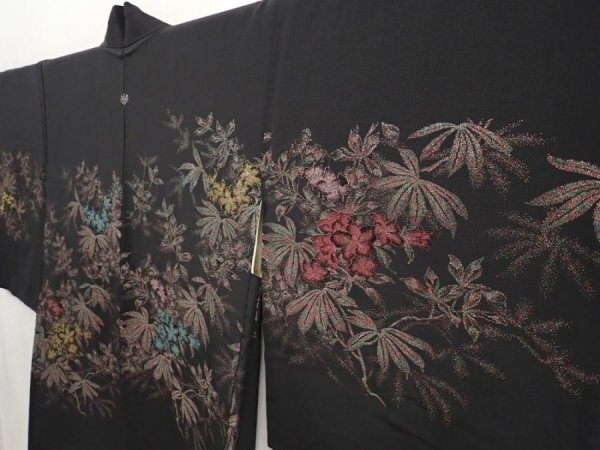 Photo2: 6605T03z570 Vintage Japanese Kimono Silk HAORI Flower Black (2)