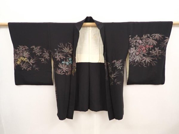 Photo6: 6605T03z570 Vintage Japanese Kimono Silk HAORI Flower Black (6)