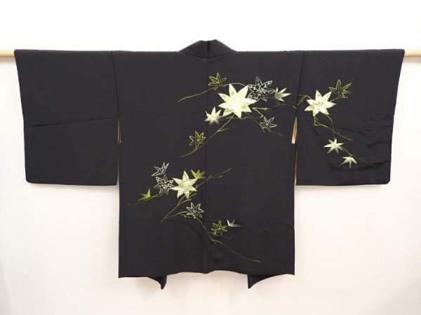Photo1: 6605T05z540 Vintage Japanese Kimono Silk HAORI Maple Black (1)