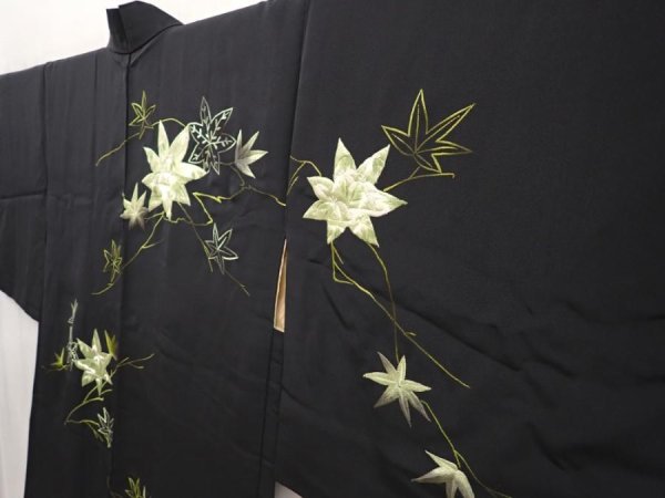 Photo2: 6605T05z540 Vintage Japanese Kimono Silk HAORI Maple Black (2)