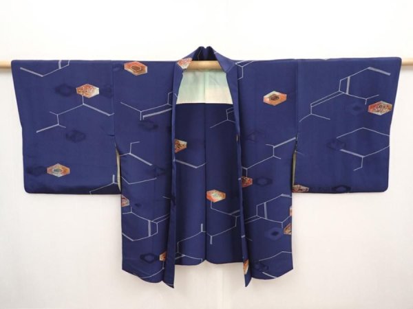 Photo5: 6605T08z540 Vintage Japanese Kimono Silk HAORI Chrysanthemum Navy (5)