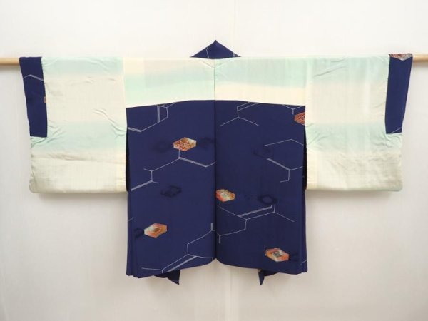 Photo6: 6605T08z540 Vintage Japanese Kimono Silk HAORI Chrysanthemum Navy (6)