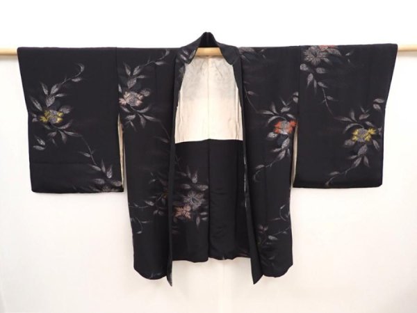 Photo6: 6605T09z680 Vintage Japanese Kimono Silk HAORI Flower Black (6)