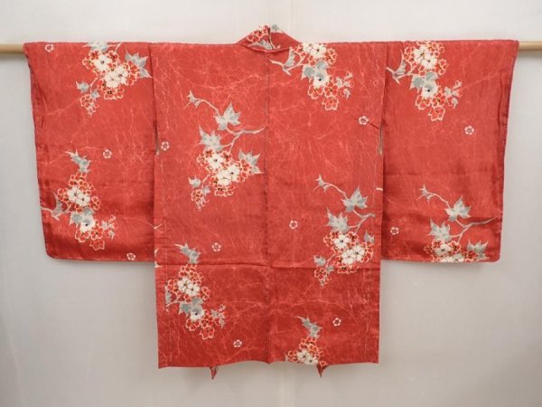 Photo1: 6605T11z390 Antique Japanese Kimono Silk HAORI Flower Red-Pink (1)