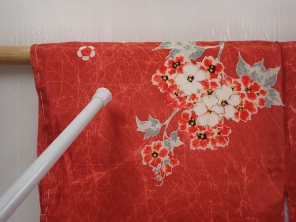 Photo5: 6605T11z390 Antique Japanese Kimono Silk HAORI Flower Red-Pink (5)