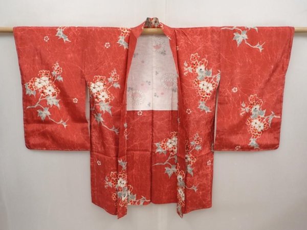 Photo6: 6605T11z390 Antique Japanese Kimono Silk HAORI Flower Red-Pink (6)