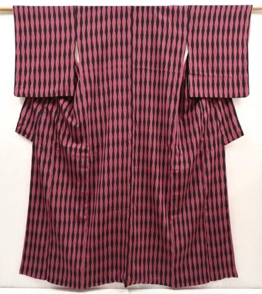 Photo1: 6605T12z850 Vintage Japanese Kimono Silk KOMON Tatewaku Dark pink (1)