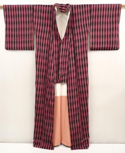 Photo8: 6605T12z850 Vintage Japanese Kimono Silk KOMON Tatewaku Dark pink (8)