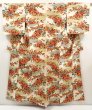 Photo1: 6605T13z650 Vintage Japanese Kimono Silk MEISEN KOMON Flower Oyster white (1)
