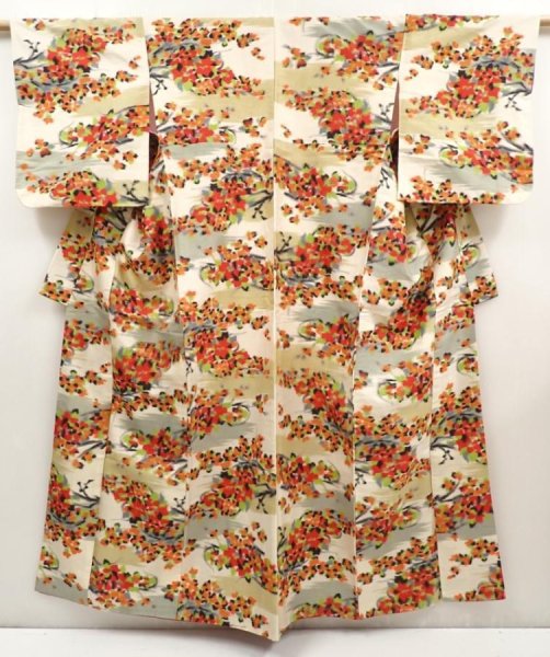 Photo1: 6605T13z650 Vintage Japanese Kimono Silk MEISEN KOMON Flower Oyster white (1)