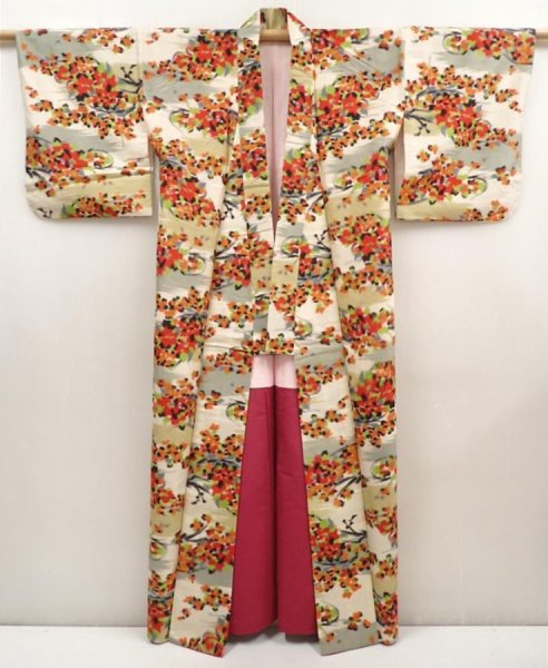 Photo8: 6605T13z650 Vintage Japanese Kimono Silk MEISEN KOMON Flower Oyster white (8)