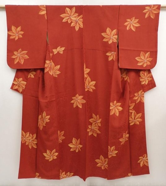 Photo1: 6605T14z850 Vintage Japanese Kimono Silk KOMON Maple Red-Brown (1)