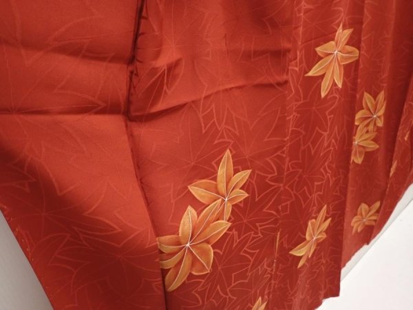 Photo3: 6605T14z850 Vintage Japanese Kimono Silk KOMON Maple Red-Brown (3)