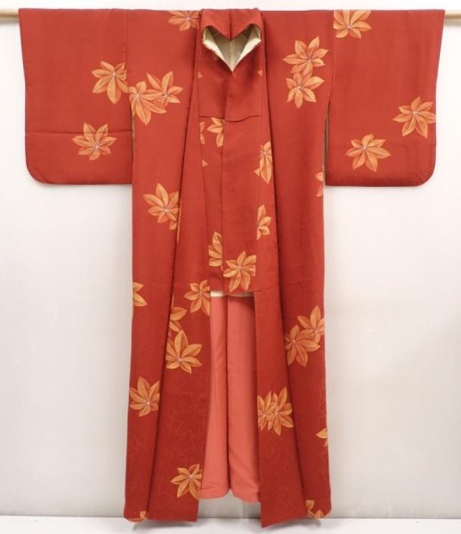 Photo8: 6605T14z850 Vintage Japanese Kimono Silk KOMON Maple Red-Brown (8)