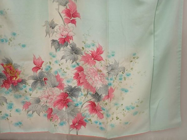 Photo7: 6605T15z830 Vintage Japanese Kimono Silk TSUKESAGE Peony Light blue (7)