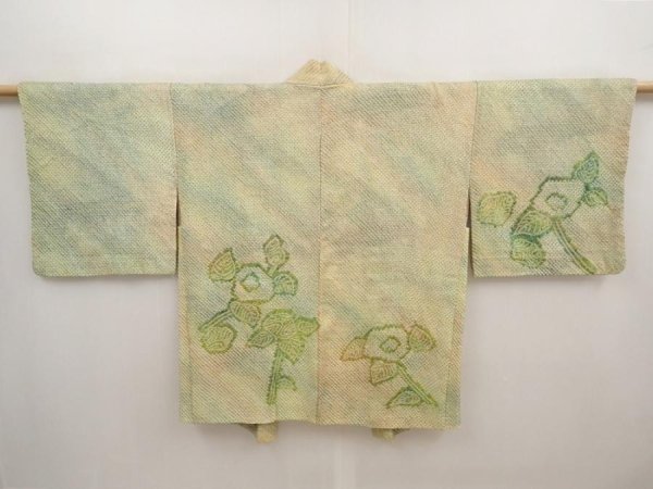 Photo1: 6609T01z390 Vintage Japanese Kimono Silk SHIBORI HAORI Flower Grass green (1)