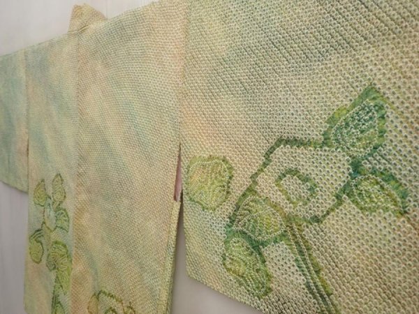 Photo2: 6609T01z390 Vintage Japanese Kimono Silk SHIBORI HAORI Flower Grass green (2)