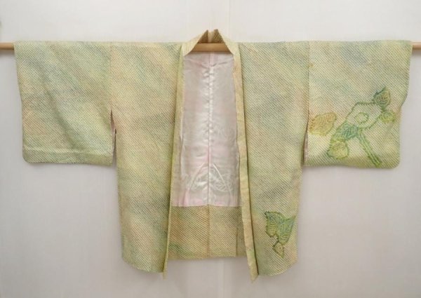 Photo5: 6609T01z390 Vintage Japanese Kimono Silk SHIBORI HAORI Flower Grass green (5)