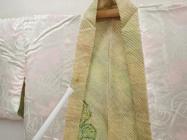 Photo8: 6609T01z390 Vintage Japanese Kimono Silk SHIBORI HAORI Flower Grass green (8)