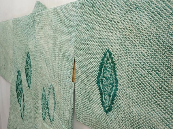 Photo2: 6609T02z440 Vintage Japanese Kimono Silk SHIBORI HAORI  Dull green (2)