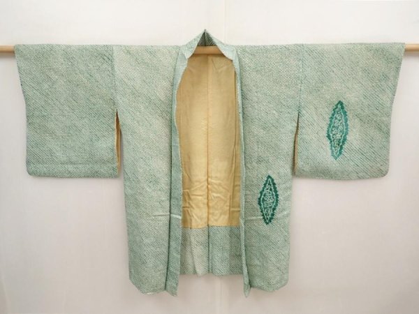 Photo7: 6609T02z440 Vintage Japanese Kimono Silk SHIBORI HAORI  Dull green (7)