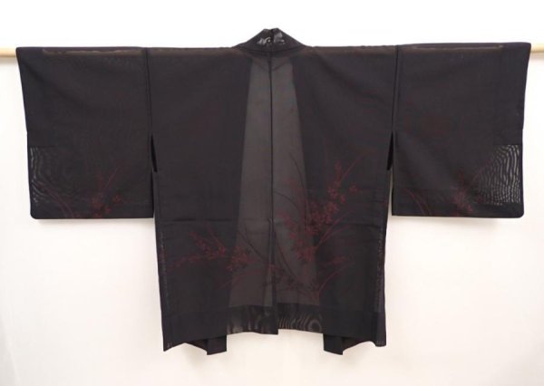 Photo1: 6609T03z270 Vintage Japanese Kimono Silk See through HAORI Flower Black (1)