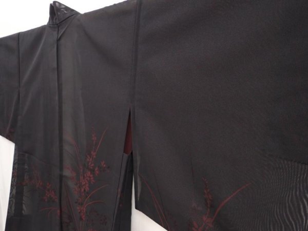 Photo2: 6609T03z270 Vintage Japanese Kimono Silk See through HAORI Flower Black (2)