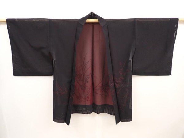 Photo5: 6609T03z270 Vintage Japanese Kimono Silk See through HAORI Flower Black (5)