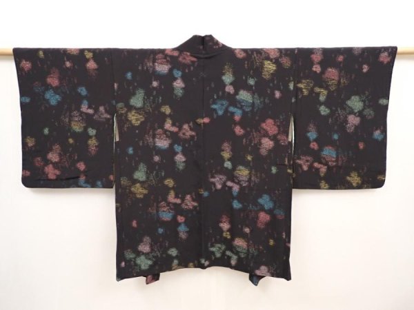 Photo1: 6609T05z620 Vintage Japanese Kimono Silk HAORI  Black (1)