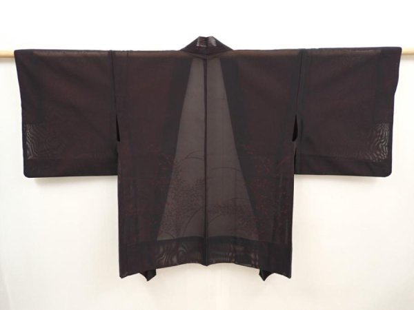 Photo1: 6609T06z240 Vintage Japanese Kimono Silk See through HAORI Plants Black (1)