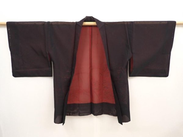 Photo5: 6609T06z240 Vintage Japanese Kimono Silk See through HAORI Plants Black (5)